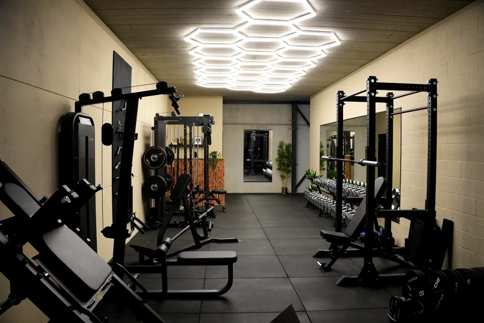 Krachtstations, halters en spiegelwand in de private gym van Schalk & Shape aan de Bredaseweg 3b in Minderhout